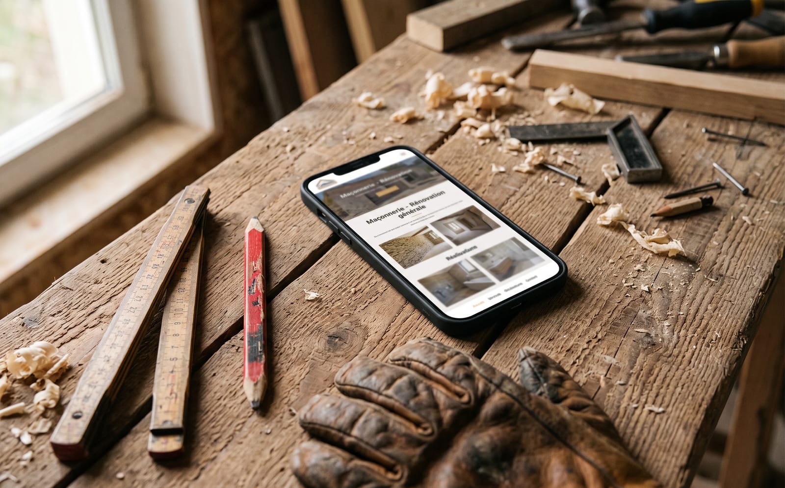 Site internet d'artisan affiché sur smartphone posé sur un établi de chantier