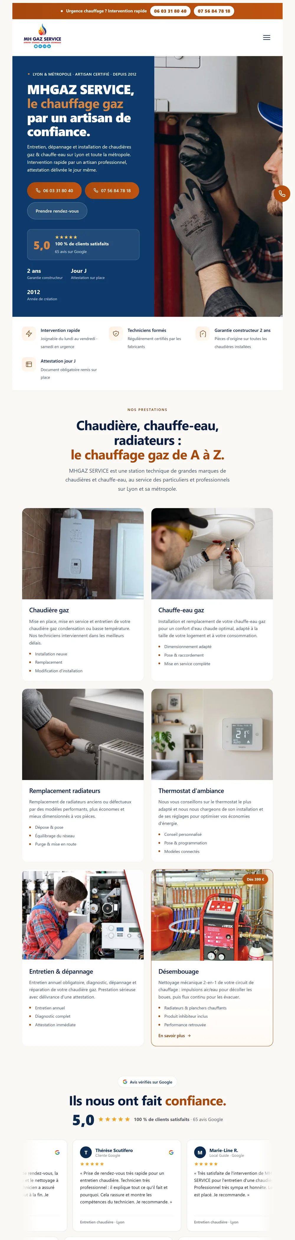 Page d'accueil du site d'un chauffagiste, livré et en ligne