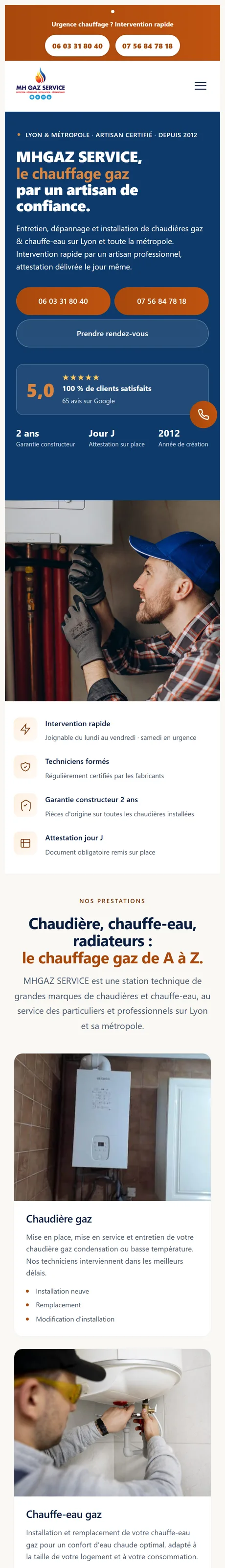 Le site de MH GAZ SERVICE qui défile sur un téléphone